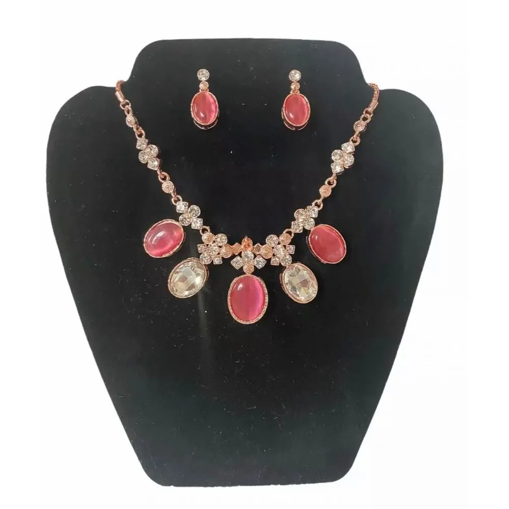 Pink Crystal Statement Necklace Set Rose Gold Tone Matching Earrings